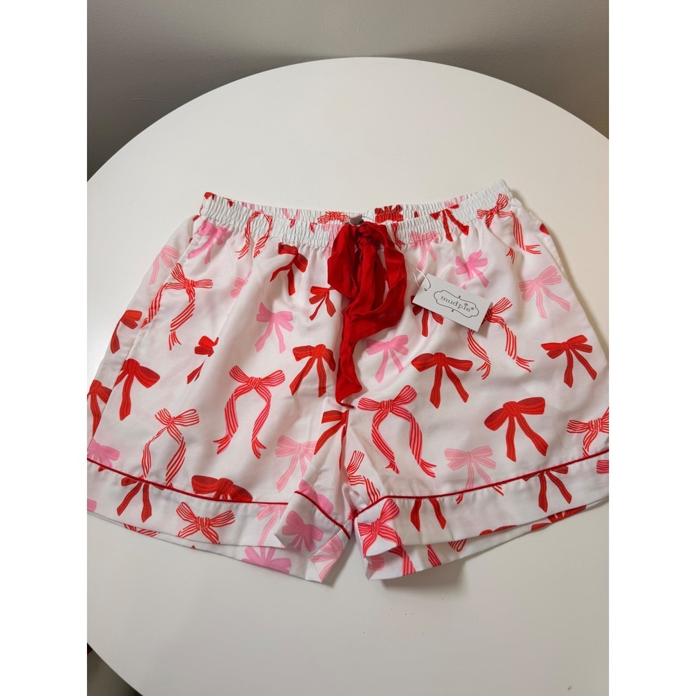 Mud Pie Pajama Shorts Womens Small White Red‎ Pink New Bow Print Coquette Sash